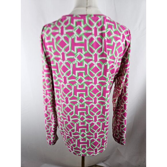 Icikuls Top Sz XL Knit Pink & Green Geometric Print Long Mesh Sleeve SPF 50 - Picture 4 of 9